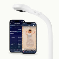 pro baby monitor + floor stand with two phones showing nanit app of dashboard and live screen #mount_floor stand