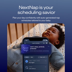 NextNap is your scheduling savior: Plan your day confidently with auto-generated nap schedules tailored to your baby. Showing baby sleeping with NextNap on Nanit app screen on phone