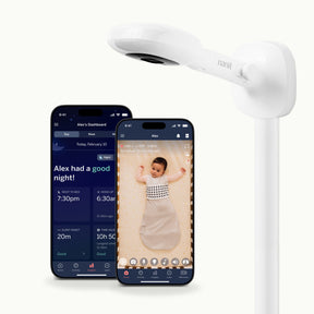 pro baby monitor + wall mount with two phones showing nanit app of dashboard and live screen  #mount_wall mount